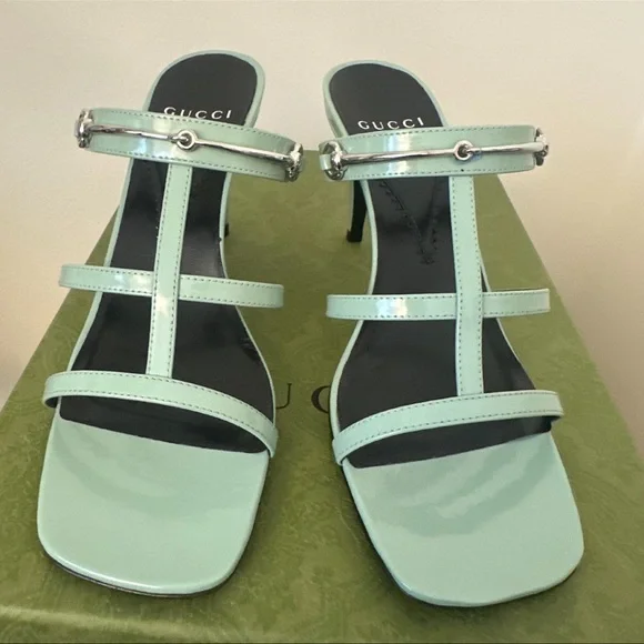 GUCCI Regent Calfskin Horsebit Mid Heel Sandals 36.5 Pacific Green - Picture 4 of 7